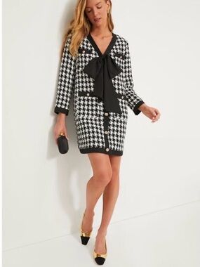 Tuckernuck Pomander Place Tweed Houndstooth Jacket Dress Bow Gold Buttons L